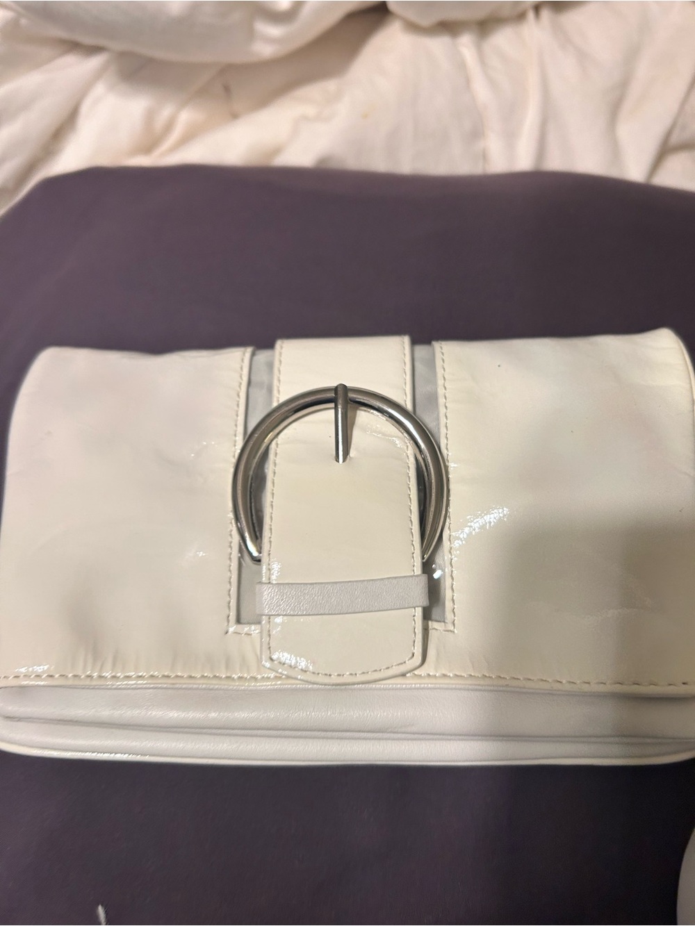 Donald J. Pliner White Patent Leather Clutch with Silver Buckle